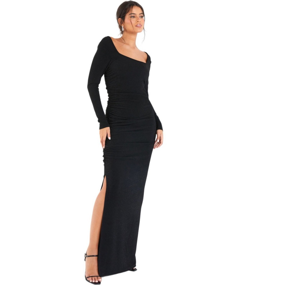 NWT Quiz Women's Brillo Long Sleeve Ruched Glitter Maxi Dress Sz 8 Party Dressy - Picture 2 of 10